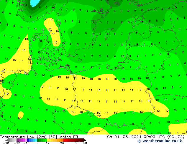 Temperature Low (2m) Meteo FR Sa 04.05.2024 00 UTC