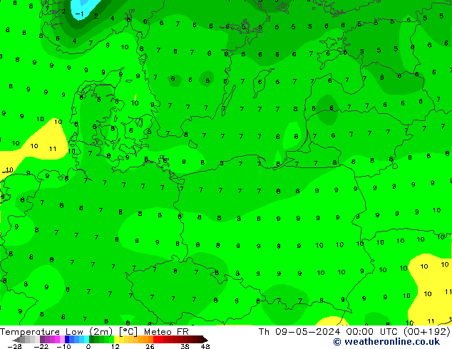 Nejnižší teplota (2m) Meteo FR Čt 09.05.2024 00 UTC