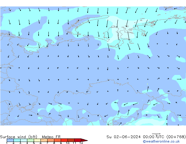 Rüzgar 10 m (bft) Meteo FR Paz 02.06.2024 00 UTC