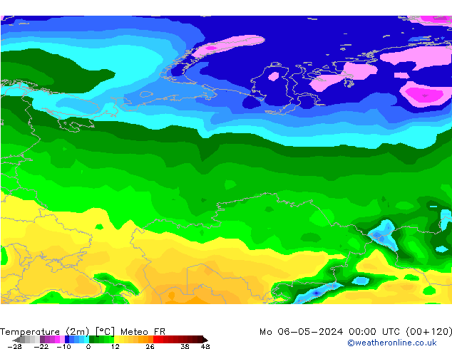 mapa temperatury (2m) Meteo FR pon. 06.05.2024 00 UTC