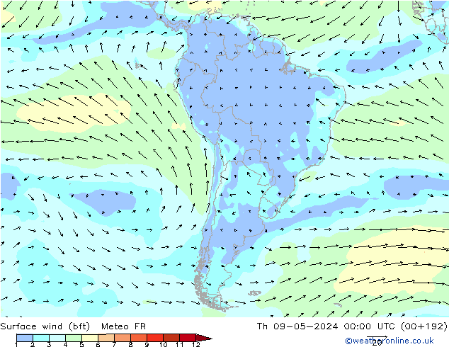 Surface wind (bft) Meteo FR Čt 09.05.2024 00 UTC