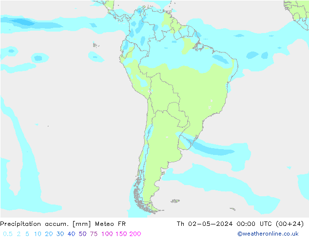 Precipitation accum. Meteo FR Čt 02.05.2024 00 UTC