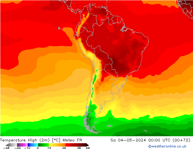 Max.temperatuur (2m) Meteo FR za 04.05.2024 00 UTC