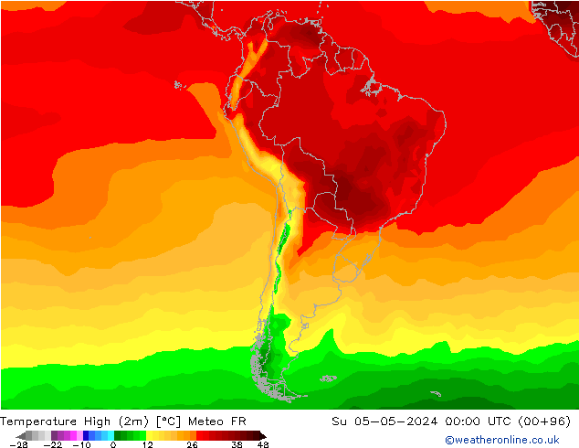 temperatura máx. (2m) Meteo FR Dom 05.05.2024 00 UTC