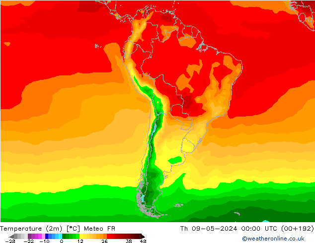 Temperatuurkaart (2m) Meteo FR do 09.05.2024 00 UTC