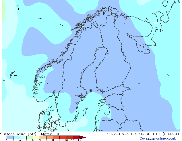 Wind 10 m (bft) Meteo FR do 02.05.2024 00 UTC