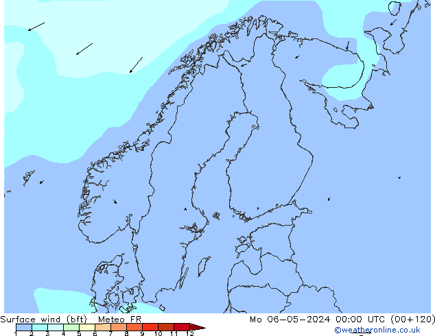 Surface wind (bft) Meteo FR Mo 06.05.2024 00 UTC