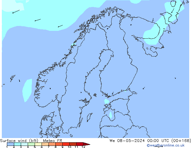 Vento 10 m (bft) Meteo FR mer 08.05.2024 00 UTC