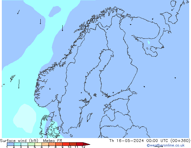 Surface wind (bft) Meteo FR Th 16.05.2024 00 UTC