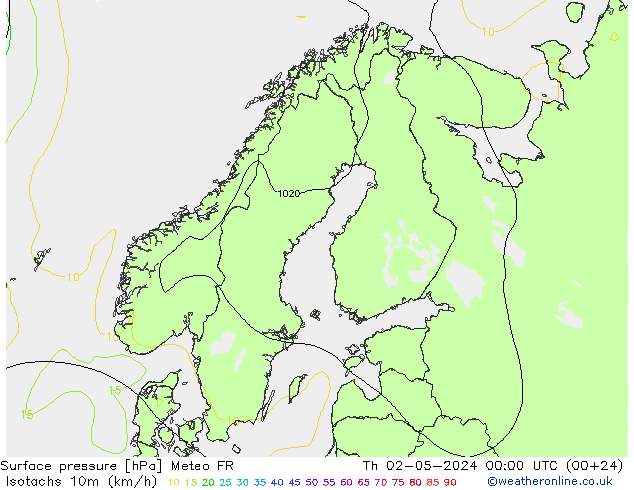 Izotacha (km/godz) Meteo FR czw. 02.05.2024 00 UTC