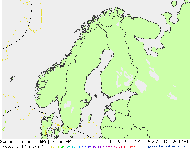 Isotachen (km/h) Meteo FR Fr 03.05.2024 00 UTC