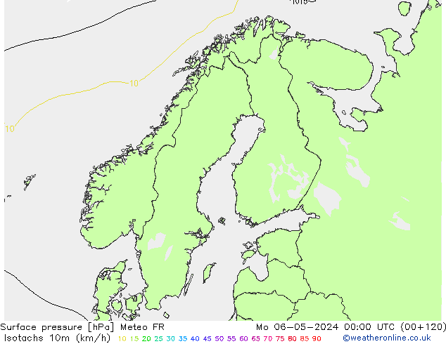 Isotachen (km/h) Meteo FR ma 06.05.2024 00 UTC