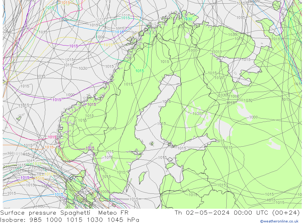 Surface pressure Spaghetti Meteo FR Th 02.05.2024 00 UTC