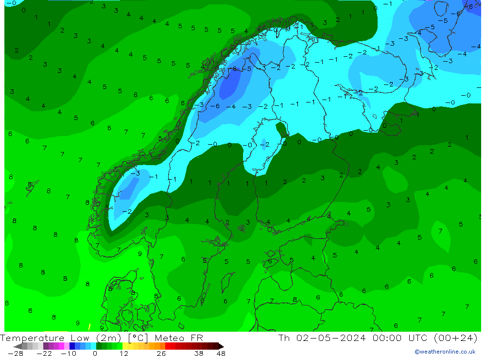 Temperatura mín. (2m) Meteo FR jue 02.05.2024 00 UTC