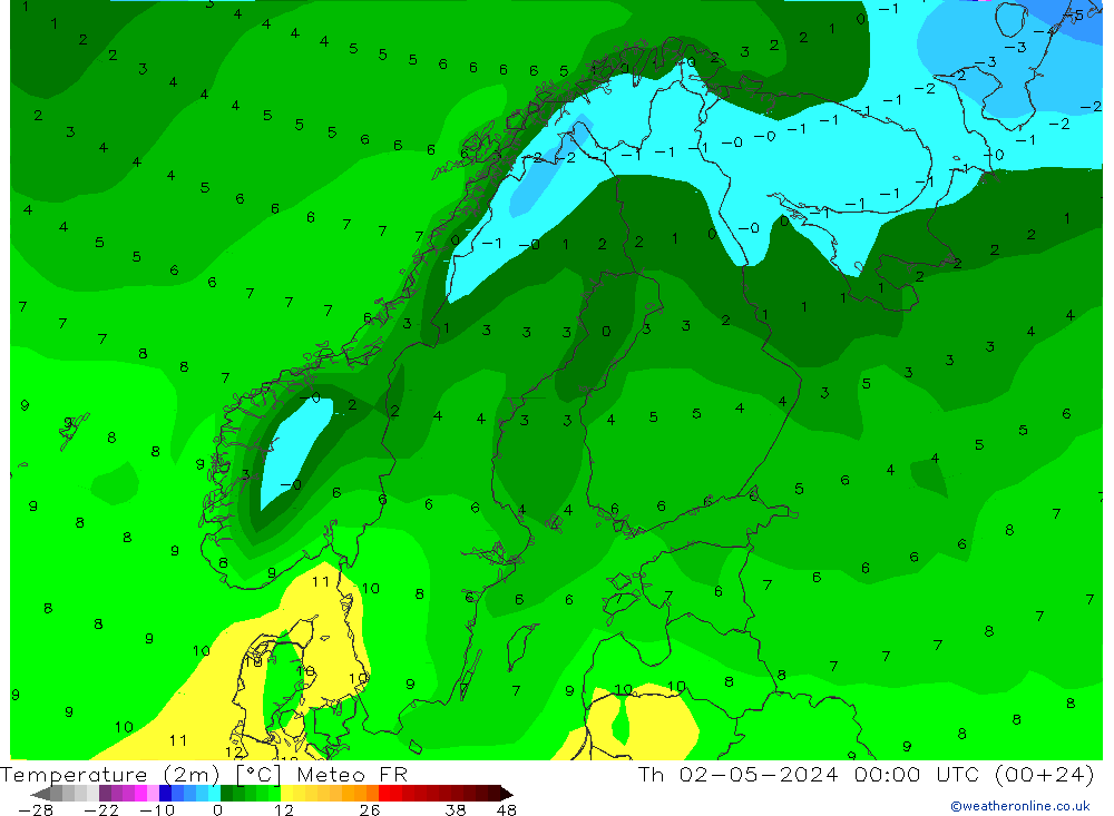 Temperaturkarte (2m) Meteo FR Do 02.05.2024 00 UTC