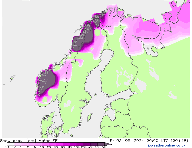 Snow accu. Meteo FR Fr 03.05.2024 00 UTC