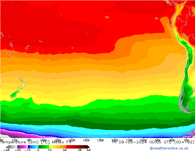 Temperatura (2m) Meteo FR gio 09.05.2024 00 UTC