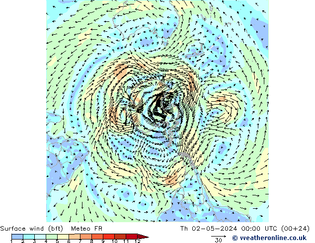 Surface wind (bft) Meteo FR Th 02.05.2024 00 UTC