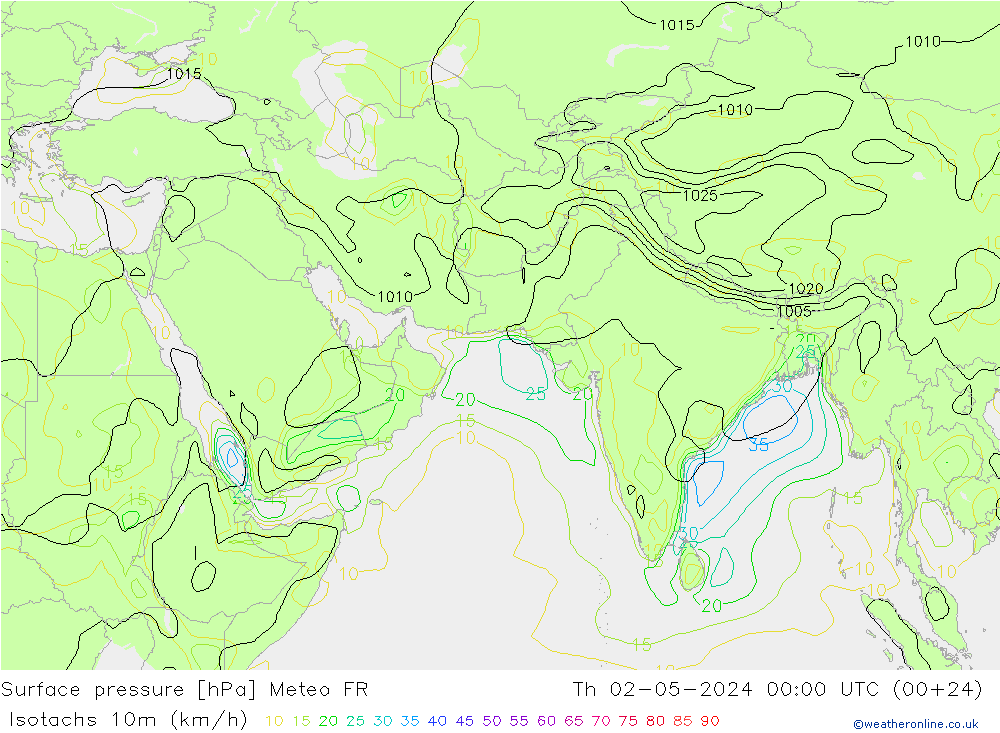 10米等风速线 (kph) Meteo FR 星期四 02.05.2024 00 UTC