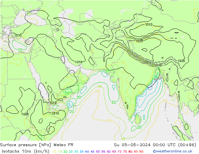 Isotachen (km/h) Meteo FR So 05.05.2024 00 UTC