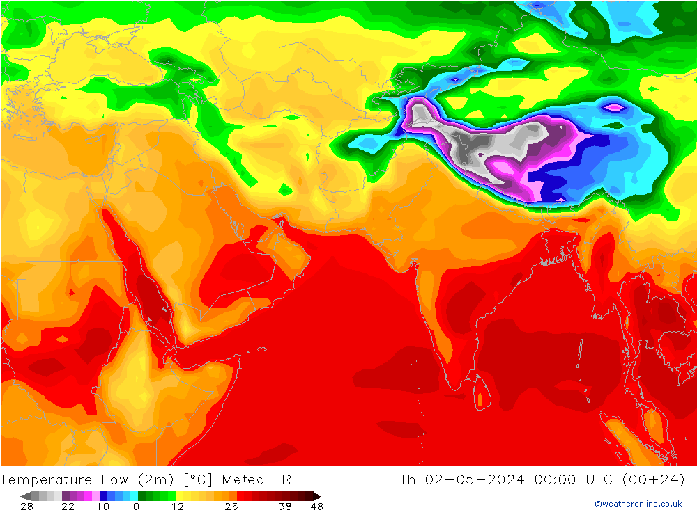 Temperature Low (2m) Meteo FR 星期四 02.05.2024 00 UTC