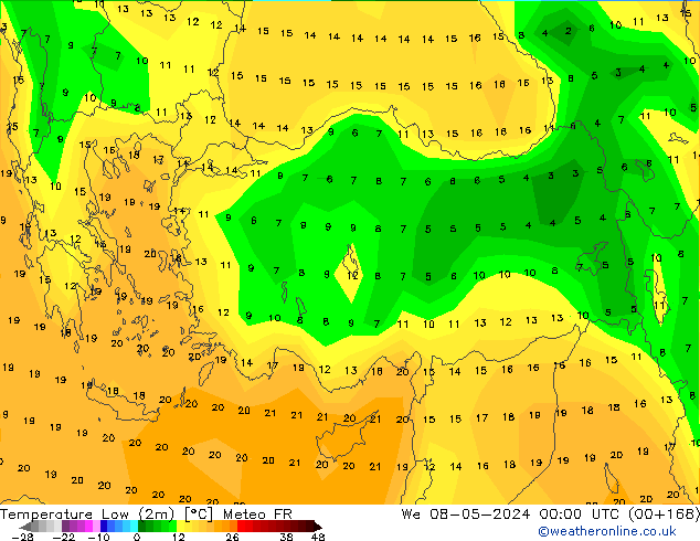 Min.temperatuur (2m) Meteo FR wo 08.05.2024 00 UTC