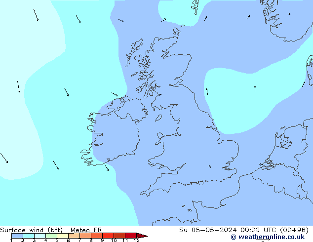 Viento 10 m (bft) Meteo FR dom 05.05.2024 00 UTC