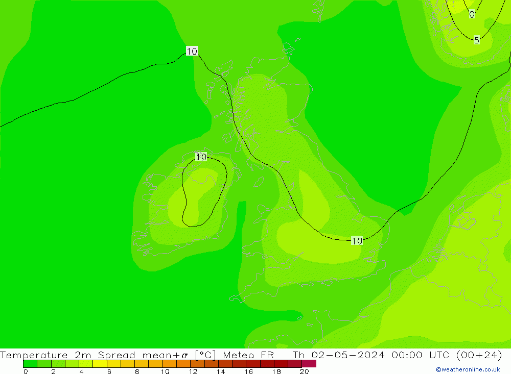 Temperatura 2m Spread Meteo FR Qui 02.05.2024 00 UTC