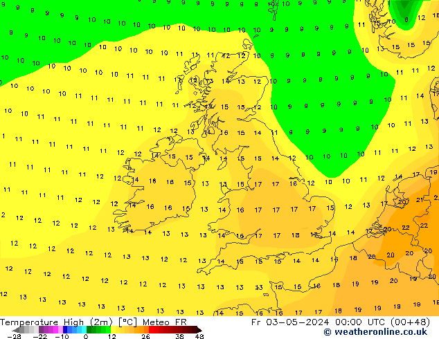 Max.temperatuur (2m) Meteo FR vr 03.05.2024 00 UTC