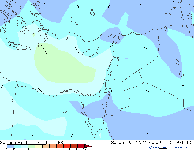 Viento 10 m (bft) Meteo FR dom 05.05.2024 00 UTC