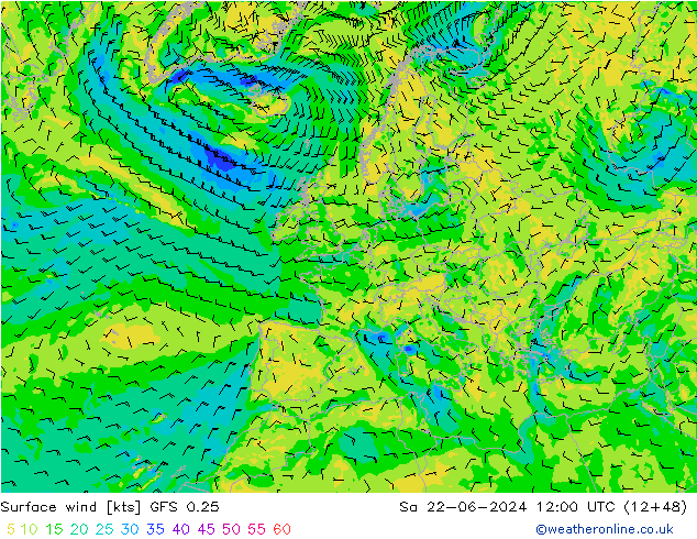Surface wind GFS 0.25 Sa 22.06.2024 12 UTC