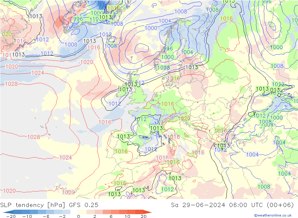 Druktendens (+/-) GFS 0.25 za 29.06.2024 06 UTC