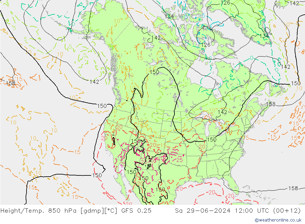 Z500/Rain (+SLP)/Z850 GFS 0.25 星期六 29.06.2024 12 UTC