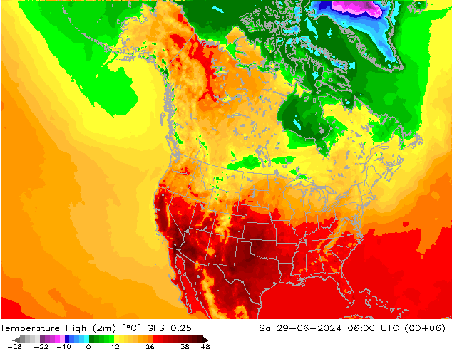 Temperature High (2m) GFS 0.25 星期六 29.06.2024 06 UTC
