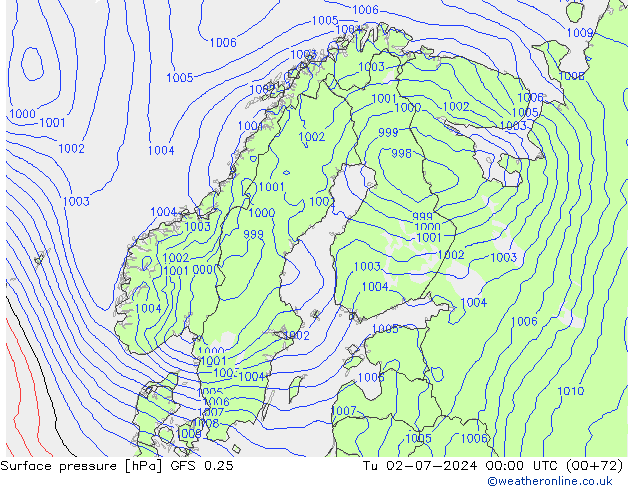 地面气压 GFS 0.25 星期二 02.07.2024 00 UTC
