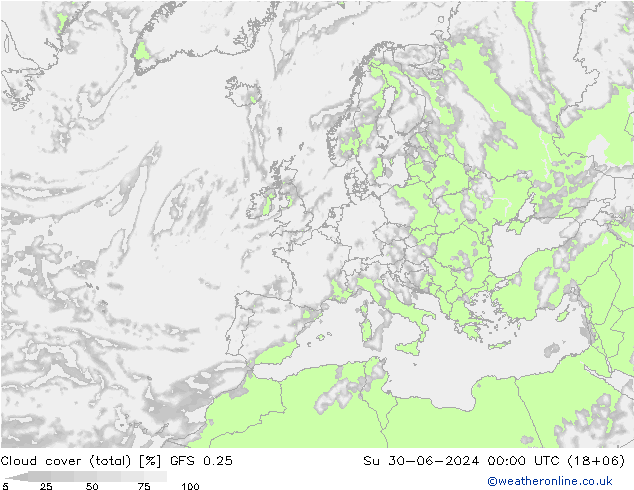 Cloud cover (total) GFS 0.25 Su 30.06.2024 00 UTC