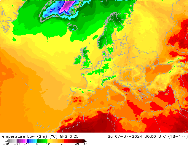 Temperature Low (2m) GFS 0.25 星期日 07.07.2024 00 UTC