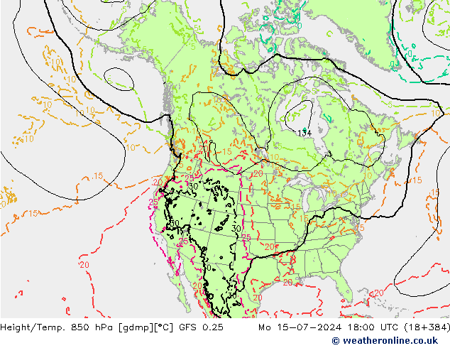 Z500/Rain (+SLP)/Z850 GFS 0.25 星期一 15.07.2024 18 UTC