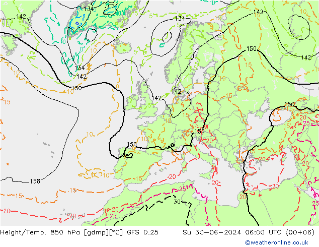 Z500/Rain (+SLP)/Z850 GFS 0.25 星期日 30.06.2024 06 UTC