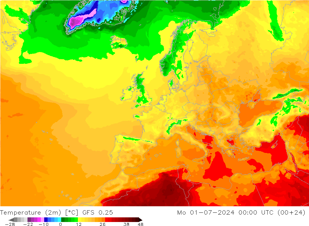 温度图 GFS 0.25 星期一 01.07.2024 00 UTC