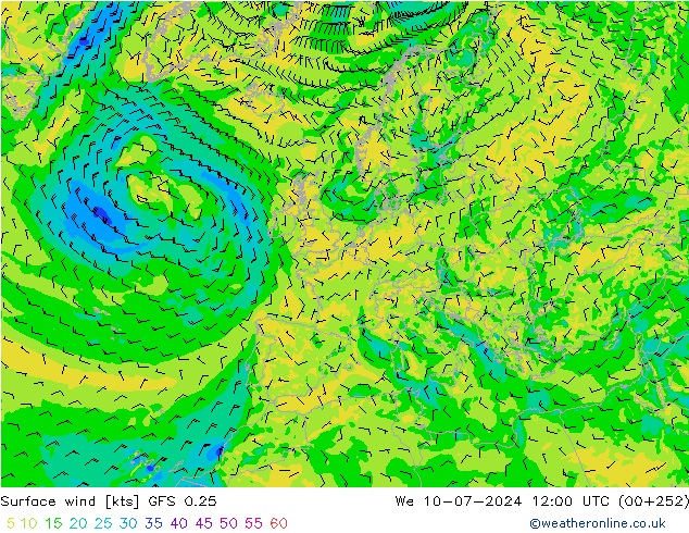 风 10 米 GFS 0.25 星期三 10.07.2024 12 UTC