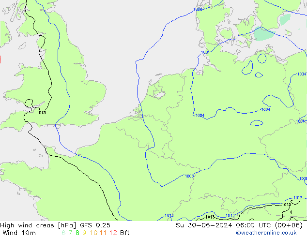 High wind areas GFS 0.25 星期日 30.06.2024 06 UTC