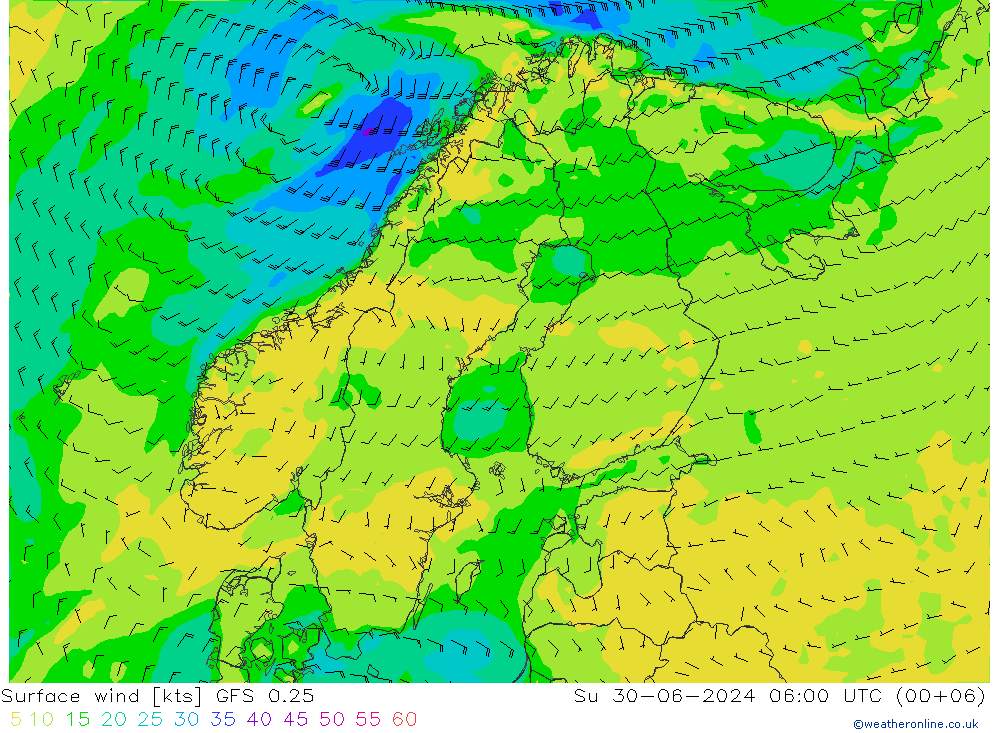 Wind 10 m GFS 0.25 zo 30.06.2024 06 UTC