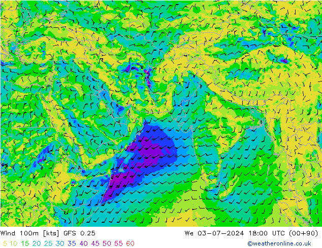风 100m GFS 0.25 星期三 03.07.2024 18 UTC