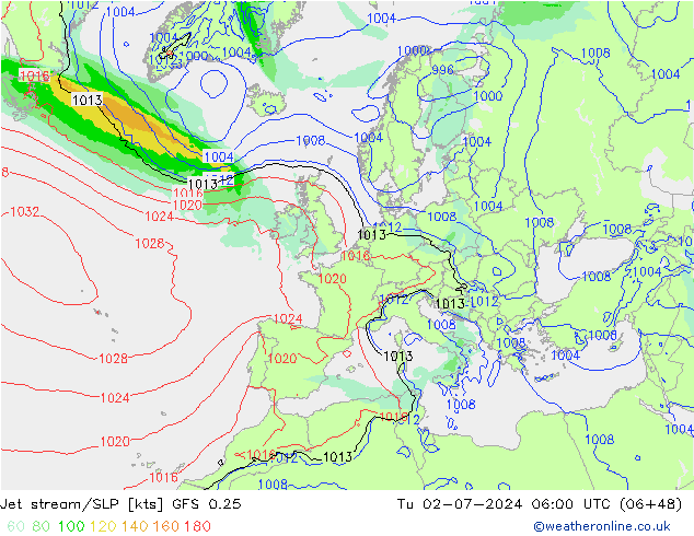 高速氣流/地面气压 GFS 0.25 星期二 02.07.2024 06 UTC