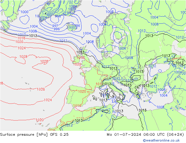 地面气压 GFS 0.25 星期一 01.07.2024 06 UTC