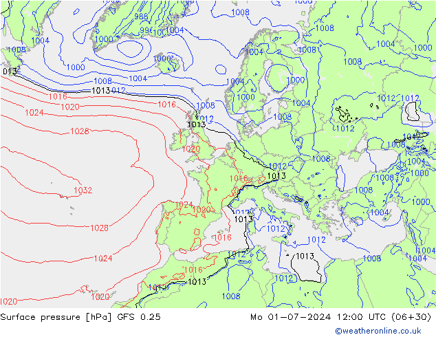 Luchtdruk (Grond) GFS 0.25 ma 01.07.2024 12 UTC