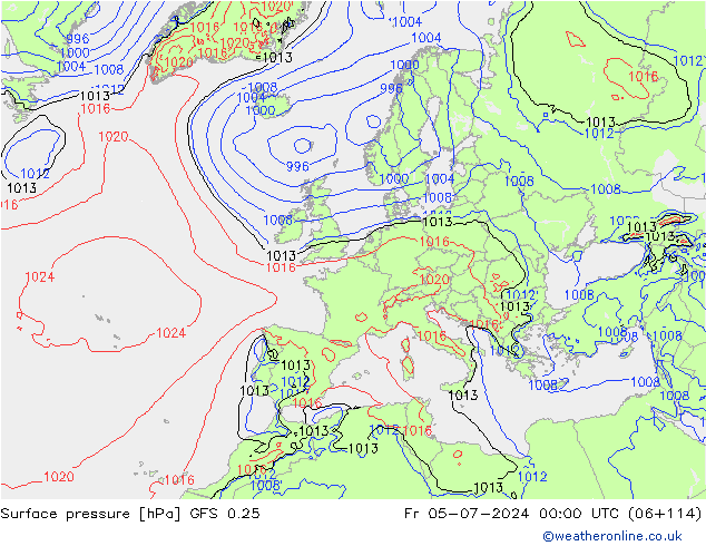 地面气压 GFS 0.25 星期五 05.07.2024 00 UTC