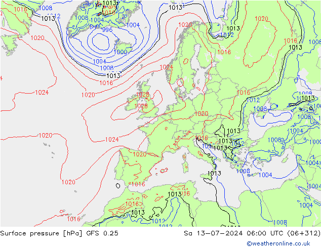 地面气压 GFS 0.25 星期六 13.07.2024 06 UTC