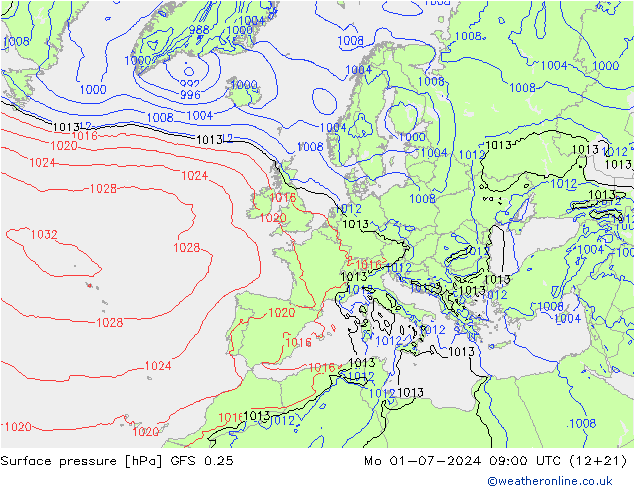 地面气压 GFS 0.25 星期一 01.07.2024 09 UTC